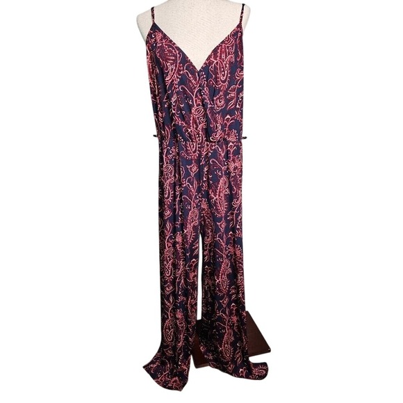 marianne Stretchy Paisley Bandana Print Jumpsuit Spaghetti Strap - Navy and Pink - Picture 3 of 14